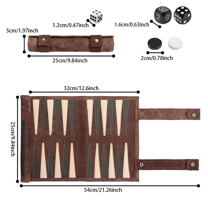Travel Chess & Backgammon Set — Roll-Up Board with Stones & Dice