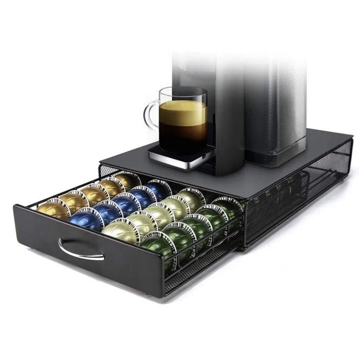 Coffee Capsule Pod Holder Metal Drawer Organiser — Compatible with Nespresso Vertuo, Vertuoline, Dolce Gusto, Verismo & Lavazza — Black