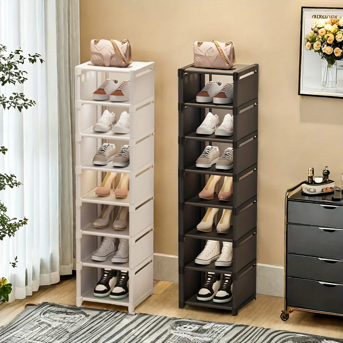 7-Grid Shoe Rack — Metal Tube Frame with Fabric Shelves, Floor Installation, Black or White
