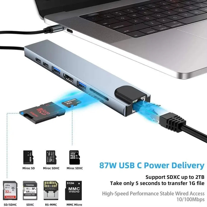 USB-C 8-in-1 Hub — HDMI 4K 30Hz, 100W PD, RJ45 100Mbps, SD/TF & USB 3.0