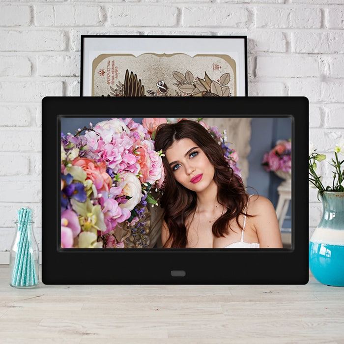 7-inch Digital Photo Frame — 16:9 LED Display, Photo, Video & Music, Clock & Calendar