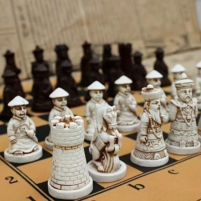 Antique-style Clay Chess Set with 28cm Board and 3D Terracotta Warrior Pieces