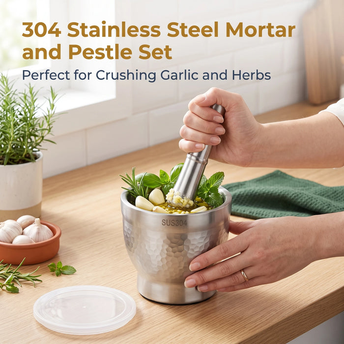 Stainless Steel Garlic Crusher with Covered Bowl — Manual Grinder for Garlic, Herbs & Spices