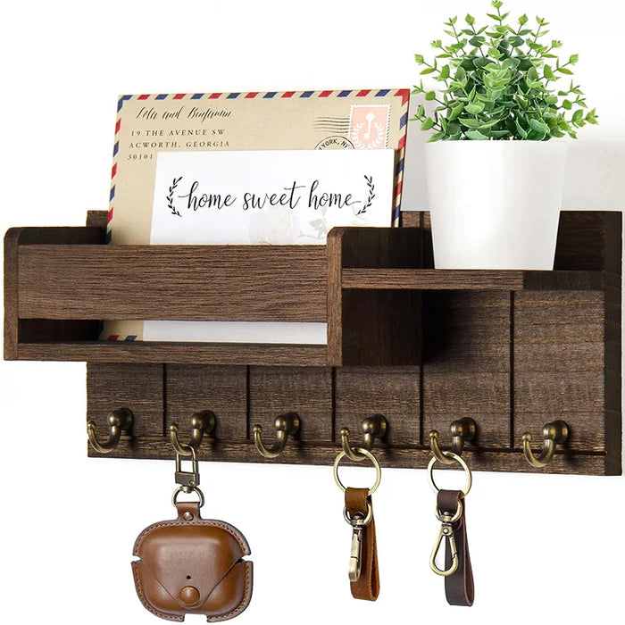 Wooden Wall-Mounted Key Rack & Mail Organiser — 6 Hooks