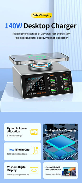 140W 8‑Port GaN Fast Charger Station with Qi2 Wireless Pad — Travel & Home