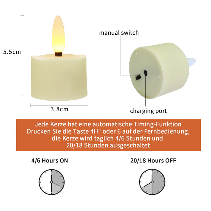 Rechargeable Flameless LED Tea Lights with Remote & Timer — 3D Flicker, 2700K