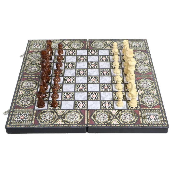 Luxury Knight 3-in-1 Wooden Foldable Game Board — Chess, Checkers & Backgammon
