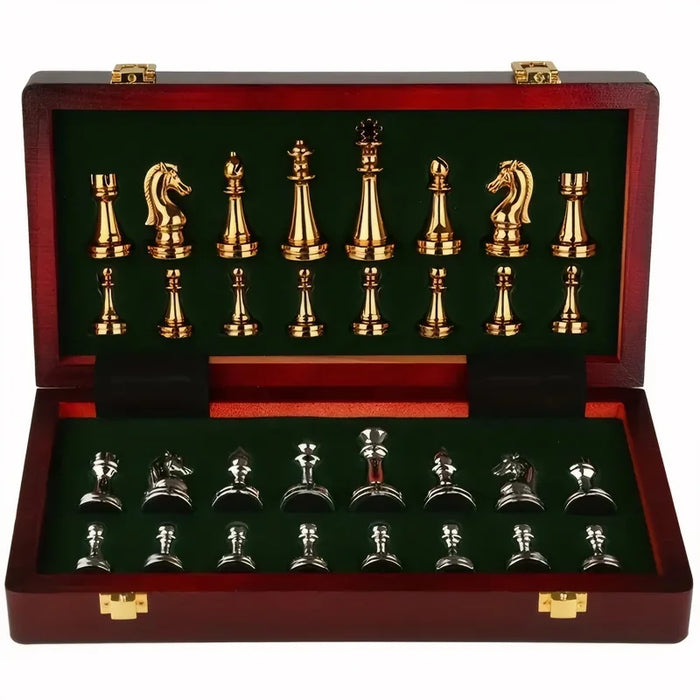 Deluxe 30cm Folding Wooden Checkers & Chess Set with Zinc Alloy Pieces
