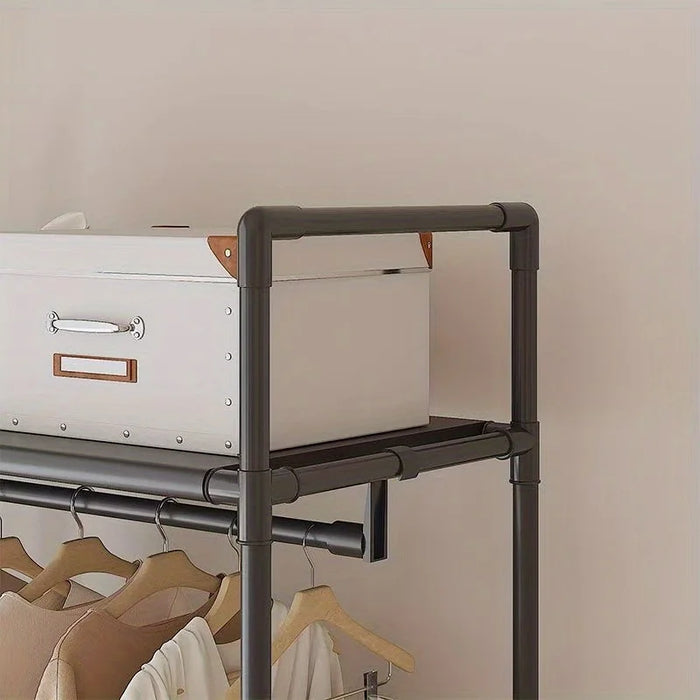 Clothing Storage Rack with Wheels, Hooks & Shelves — Freestanding Metal Organiser