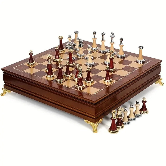 38cm (15in) Wooden Desktop Chess Set with Storage Drawer and 2 Extra Queens