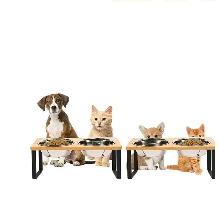 Elevated Wooden Pet Bowl Stand — 15° Tilt, Stainless Steel Double Bowls