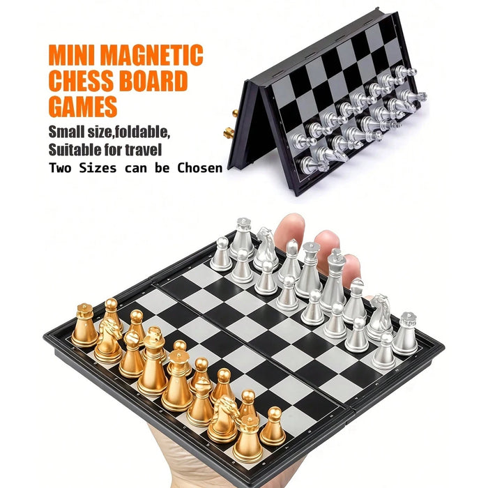 Magnetic Folding Chess Set — Gold & Silver Pieces, Portable Travel Board (7.5 in & 9.8 in)