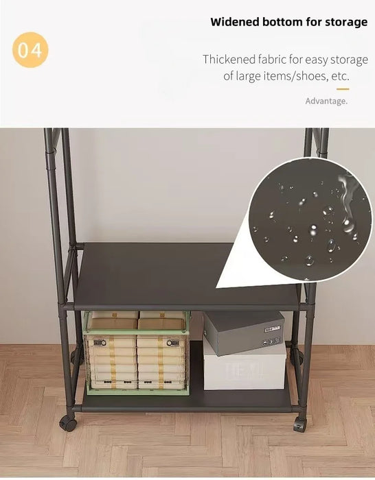 Clothing Storage Rack with Wheels, Hooks & Shelves — Freestanding Metal Organiser