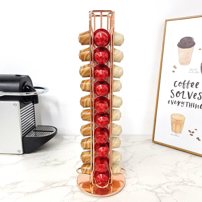 40‑Pod Rotating Coffee Capsule Holder — Metal Stand for Nespresso, Vertuo & Dolce Gusto (Black / Silver / Rose Gold)