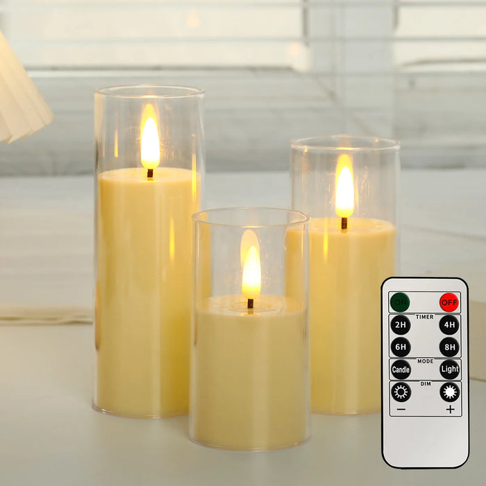 Outdoor Flameless LED Pillar Candles with Remote & Timer — Yellow Flicker, Battery-Operated (3/4pc)
