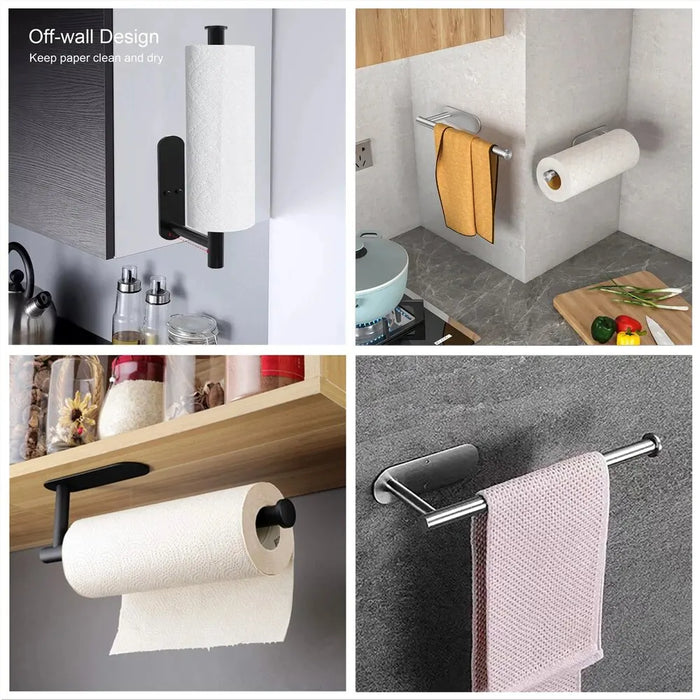 Stainless Steel Paper Towel & Toilet Roll Holder — Adhesive or Screw-Fix