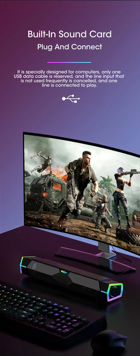4D Bluetooth 5.0 Computer Soundbar — USB-Powered Stereo with RGB Lights