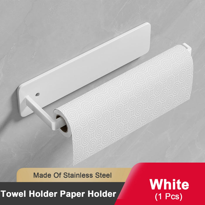 Self‑Adhesive Paper Towel & Toilet Roll Holder — No Drilling, Metal Rack (Black/Grey/White)