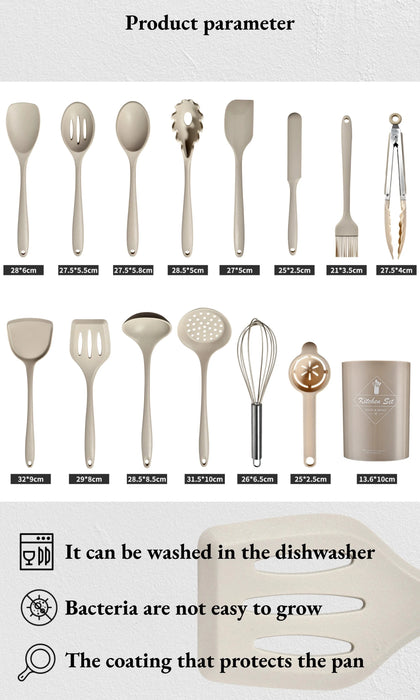 15-Piece Khaki Food-Grade Silicone Kitchen Utensil Set