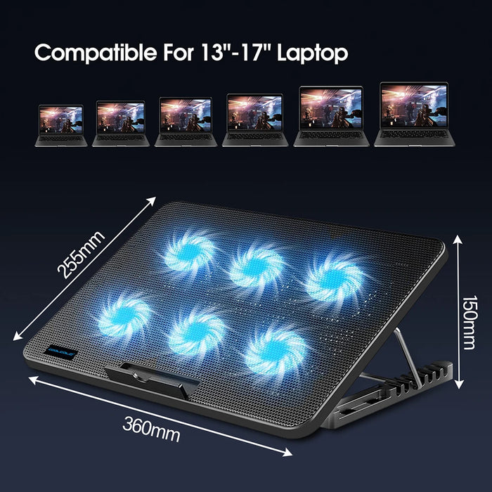 15.6–17.3 inch Laptop Cooling Pad — 6 Quiet Fans, 7-Position Adjustable Stand & Phone Holder