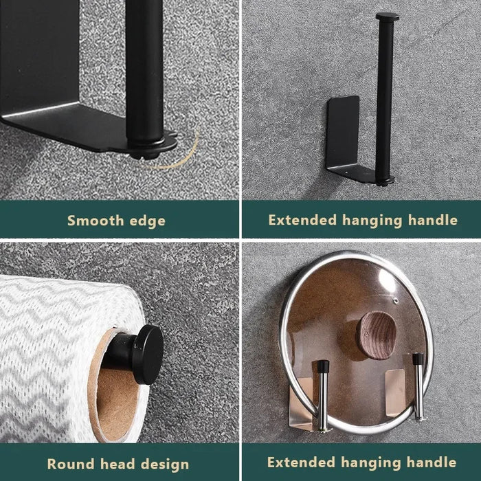 No‑Punch Stainless Steel Paper Towel Holder — Adhesive Kitchen Roll & Wrap Rack