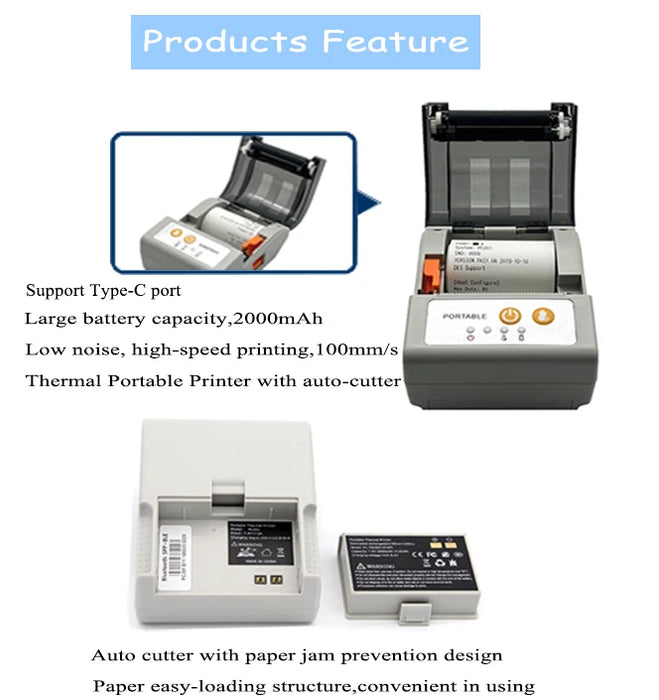 58mm Mini Portable Thermal Printer with Auto Cutter, Bluetooth Pocket Receipt Printer