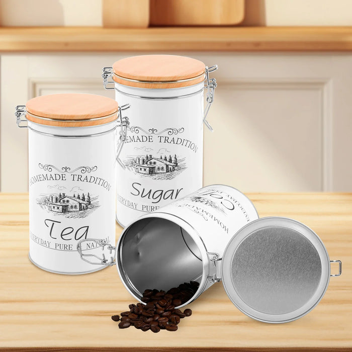3‑Piece Metal Tea, Coffee & Sugar Canister Set with Bamboo Lids
