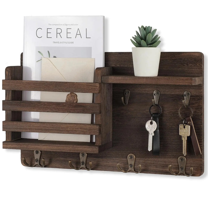 Rustic Wall-Mounted Mail Organiser with Key Hooks & Floating Shelf