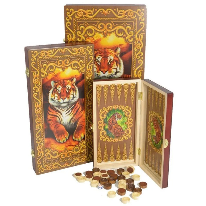 Wooden Backgammon Set – Foldable Tiger Travel Board for Chess & Draughts