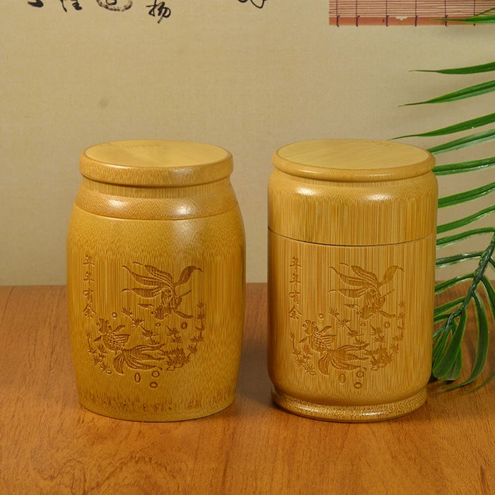 Handmade Bamboo Tea Canister with Sealing Lid — Carved Storage Box