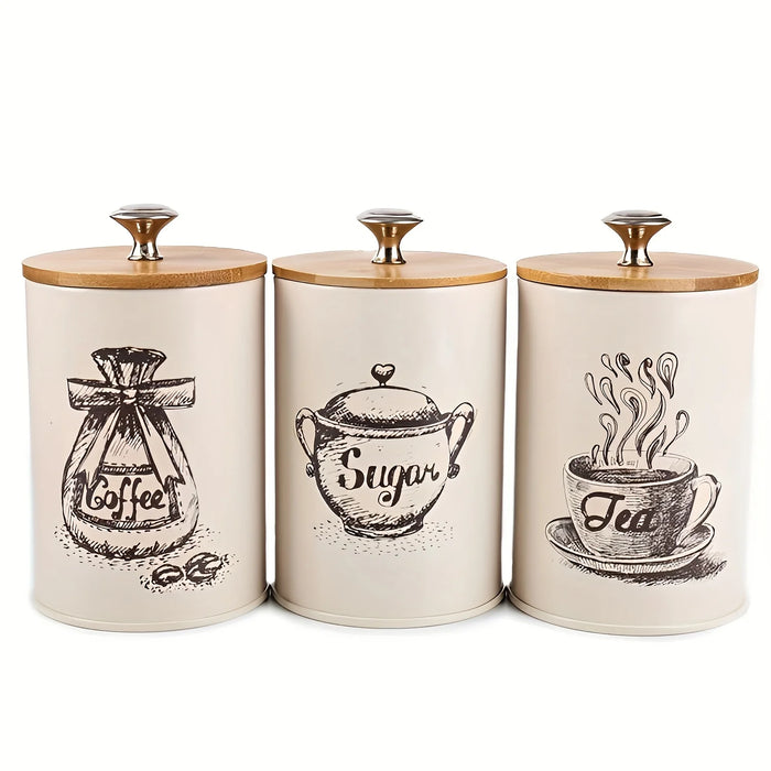 3-Piece Kitchen Canister Set — Coffee, Sugar & Tea Storage with Bamboo Lids