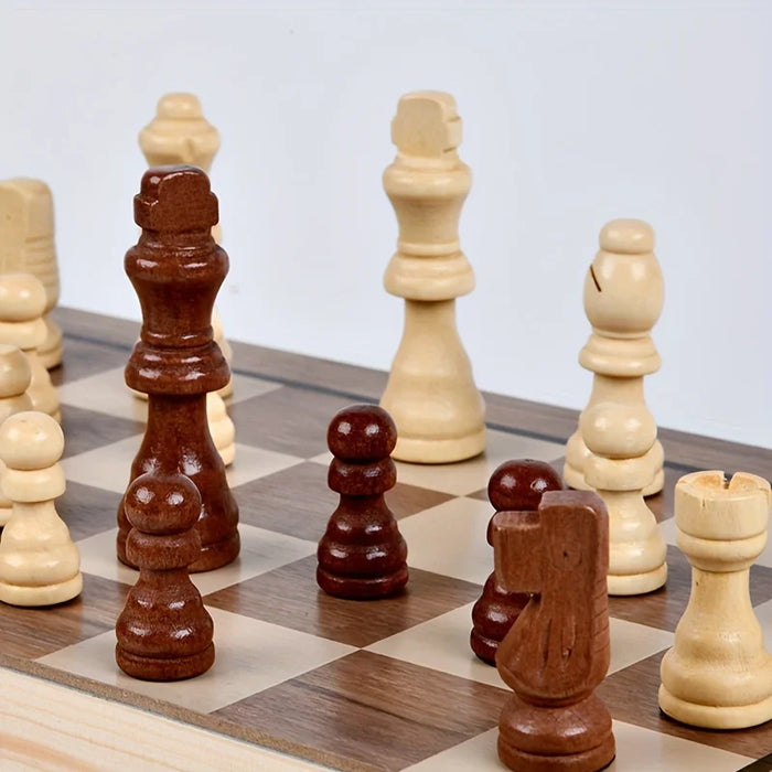 Wooden Folding Chess & Checkers Set — Portable Table Game with 2 Extra Queens, Beginner Friendly