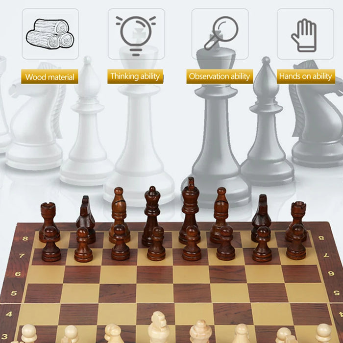 29x29cm Foldable 3‑in‑1 Wooden Chess, Checkers & Backgammon Board