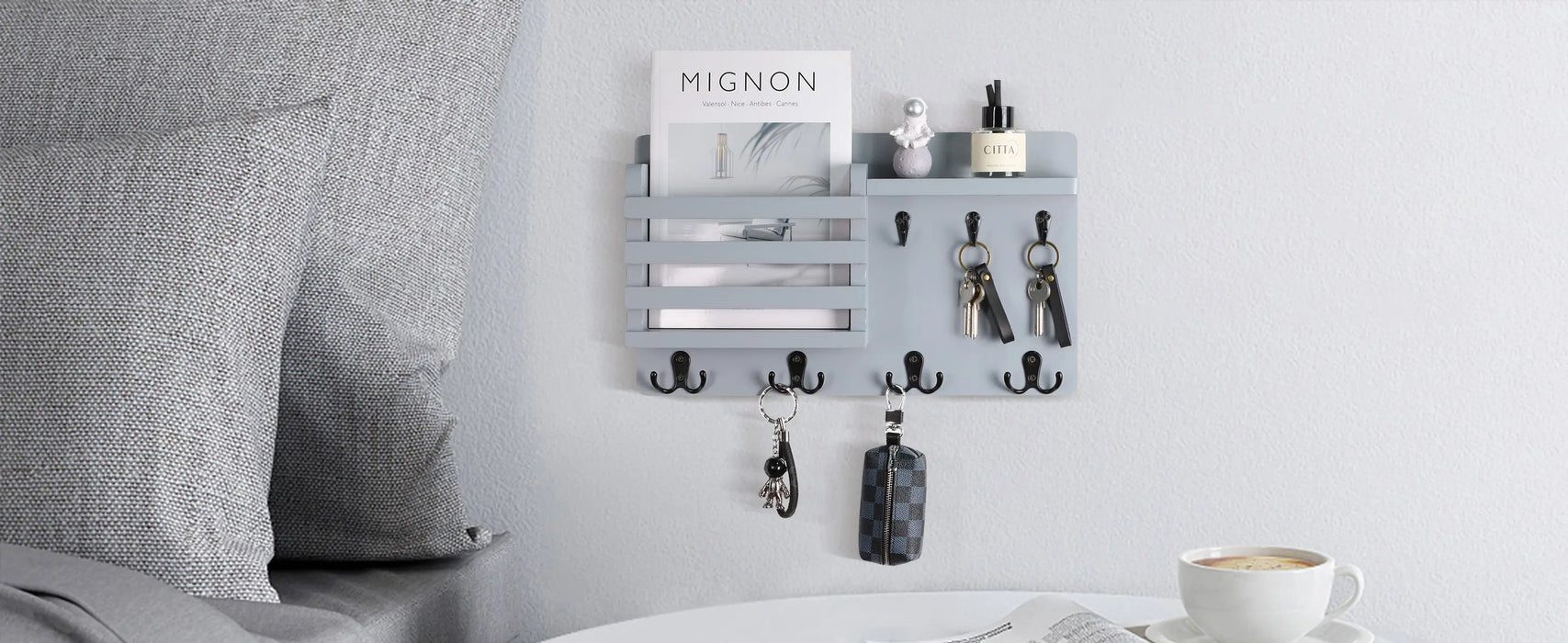 Rustic Wood Wall Mail Organiser with Key Hooks and Floating Shelf