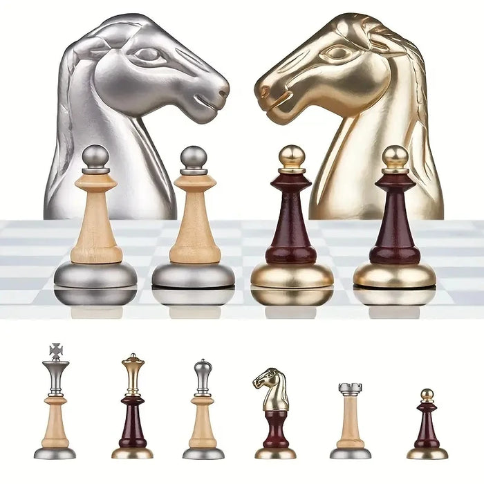 38cm (15in) Wooden Desktop Chess Set with Storage Drawer and 2 Extra Queens