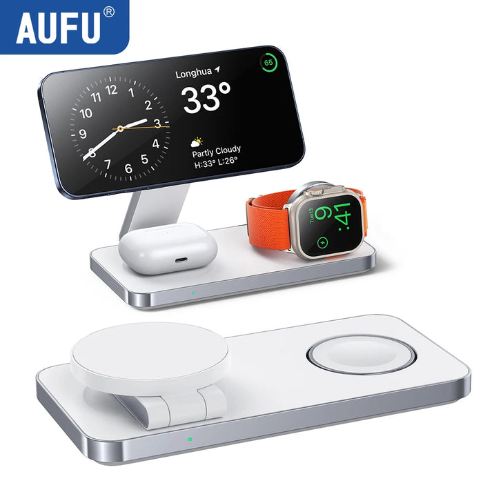 Magnetic 3-in-1 Foldable Fast Wireless Charger Stand for iPhone, Apple Watch & AirPods