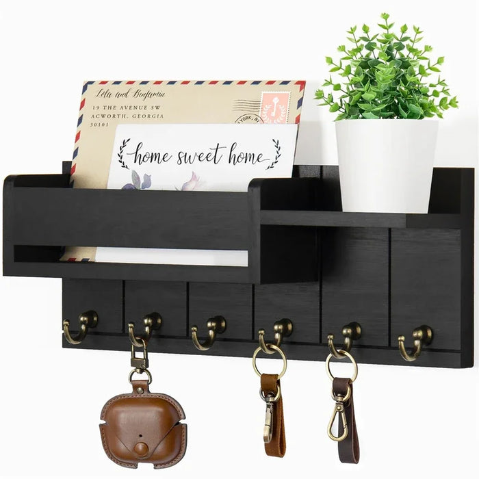 Rustic Wooden Key Rack & Mail Organiser — 6 Hooks with Shelf