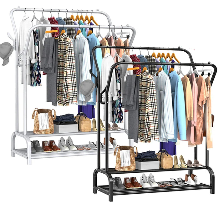 Double-Rail Standing Clothes Rack with Shoe Shelf – Metal Rail for Bedroom & Living Room