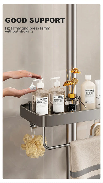 Punch-Free Shower Caddy (Single or Double) — Space Aluminium Shelf with Optional Towel Rail