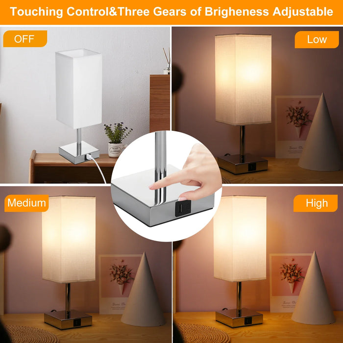 Bedside Table Lamp with Fabric Shade - Warm White LED Bulb, Touch Control, Desk Light, USB A and Type-C Charging Ports - Ideal for Nightstands, Work Desks and Study Areas