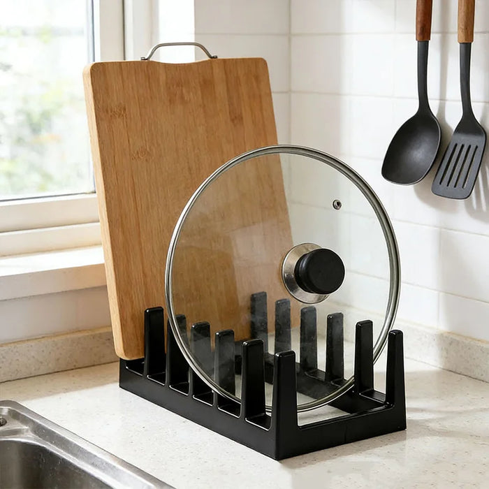 6-Compartment Pot Lid Organiser – Space-Saving Plastic Kitchen Rack (Grey/Black)