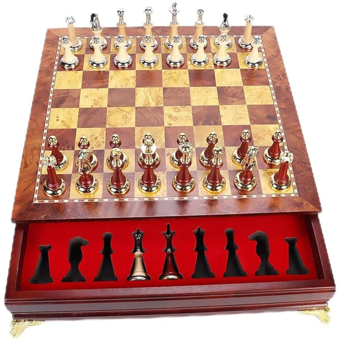38cm (15in) Wooden Desktop Chess Set with Storage Drawer and 2 Extra Queens