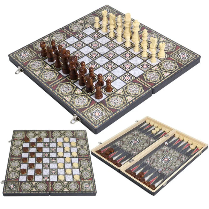 Luxury Knight 3-in-1 Wooden Foldable Game Board — Chess, Checkers & Backgammon