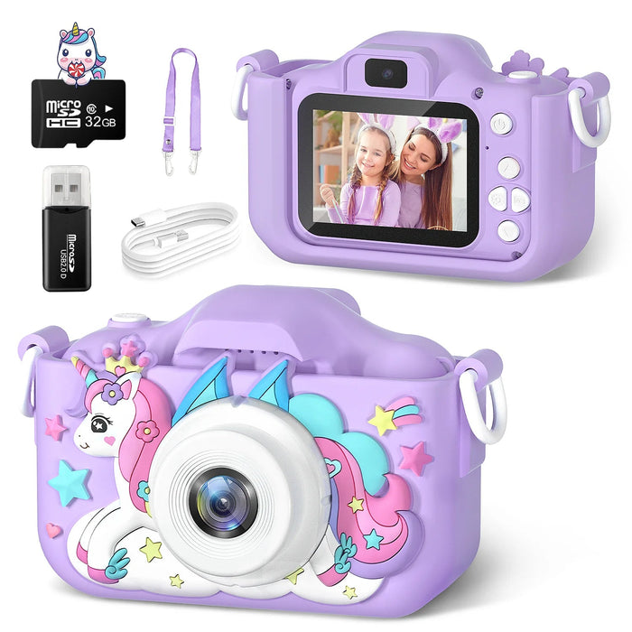 Kids Mini Camera Cartoon Unicorn Toys for Girls Boys Birthday Gifts 1080P HD 2inch Screen With 32G SD Card Record Life Camera - Shopsta EU