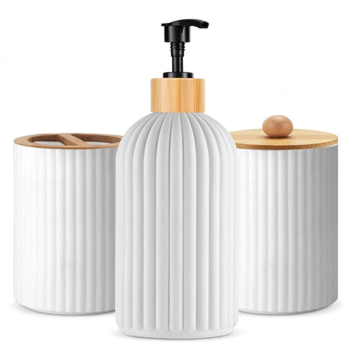 Bathroom Countertop Organiser – Soap Dispenser, Cotton Box & Toothbrush Holder (Plastic & Bamboo)