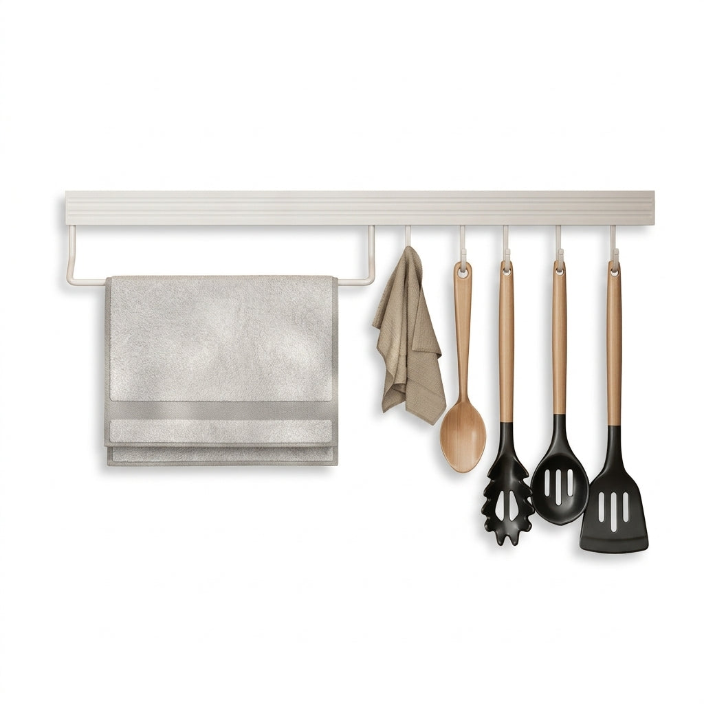 No-Punch Wall-Mounted Kitchen Rack with Movable Hook Spoon Holder — White Aluminium