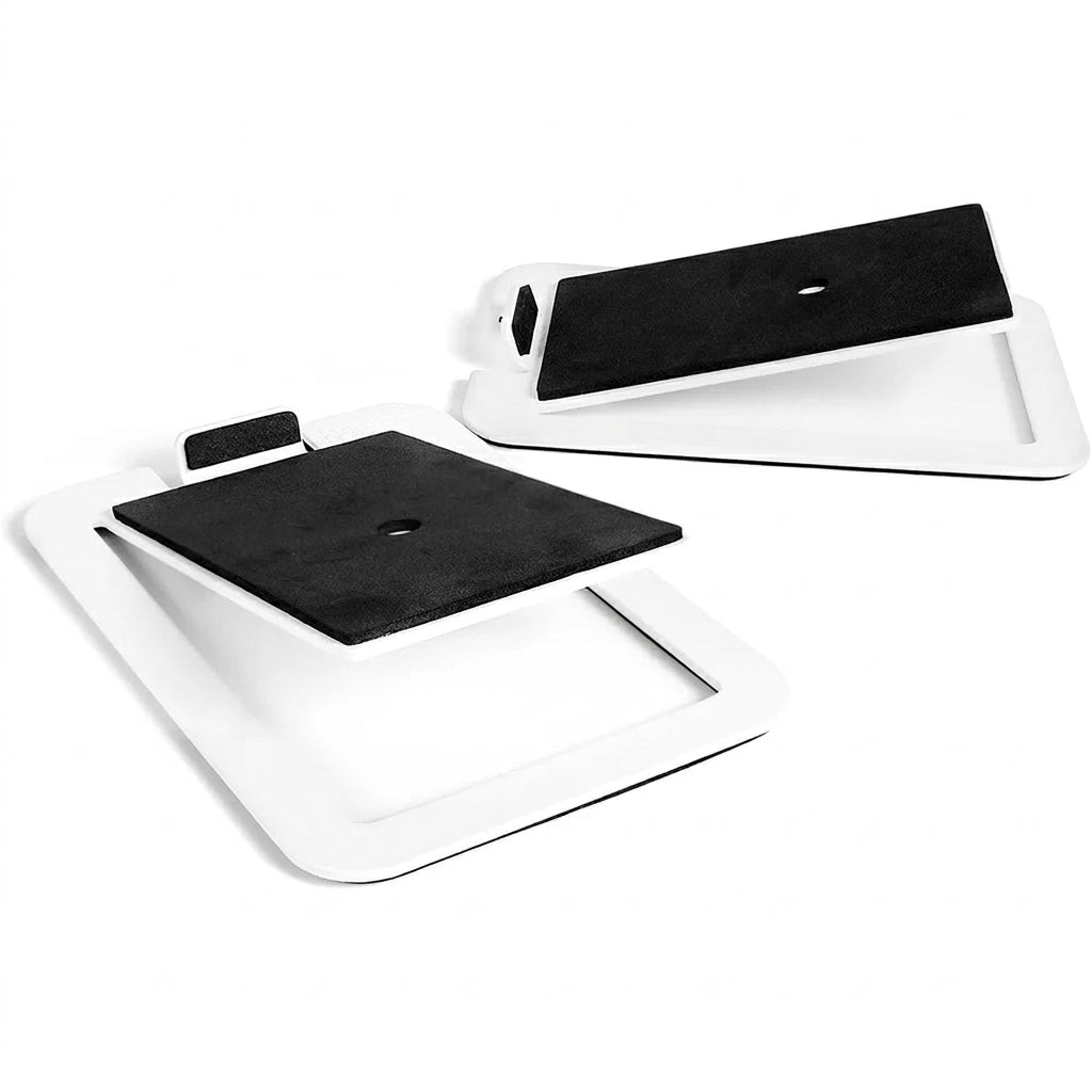 Pair of metal desktop speaker stands for 3–4 inch bookshelf speakers — white or black