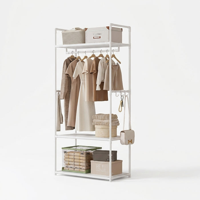 Clothing Storage Rack with Wheels, Hooks & Shelves — Freestanding Metal Organiser
