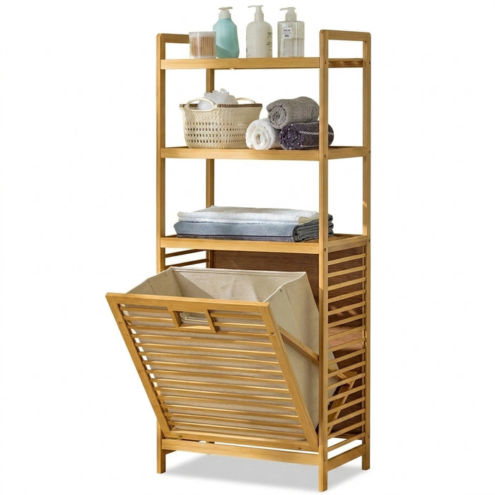 Adjustable Bamboo Laundry Hamper & Bathroom Rack with Pull-Out Shelves