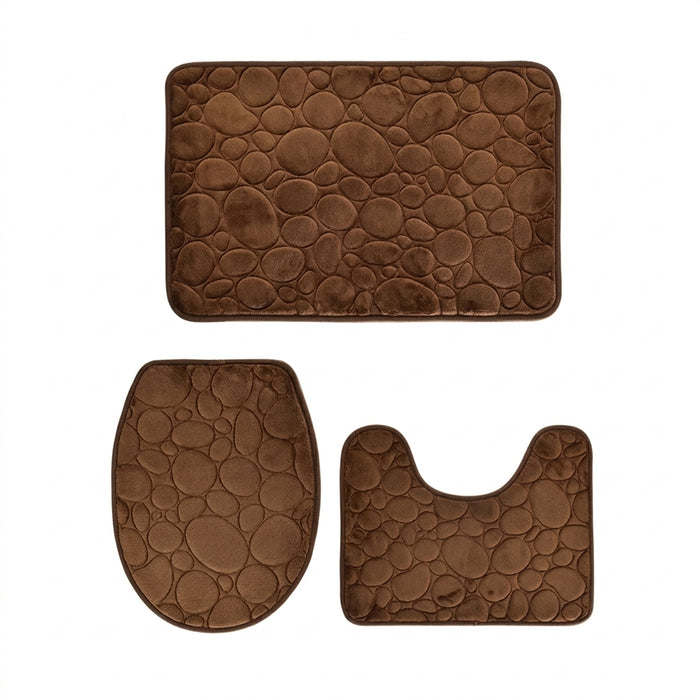 Three‑Piece Stone‑Pattern Microfibre Bathroom Mat Set — Water‑Absorbent & Non‑Slip